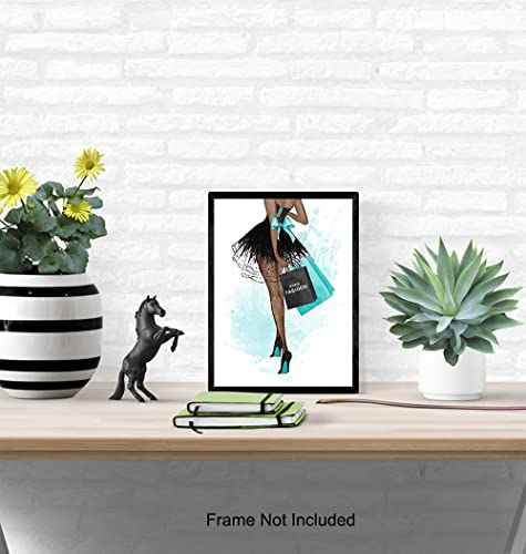 Light Blue Fashion Designer Wall Art - Black Woman, African American Women, Teens, Girls Bedroom - High Fashion Design Wall Decor - Glam Gifts for Latina, African American Woman - Black Culture