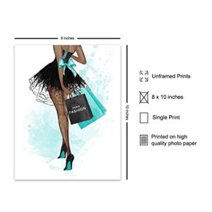 Light Blue Fashion Designer Wall Art - Black Woman, African American Women, Teens, Girls Bedroom - High Fashion Design Wall Decor - Glam Gifts for Latina, African American Woman - Black Culture