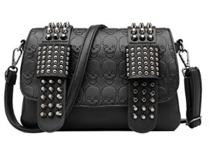 rainbosee women punk skull shoulder top-handle bag rivet purse handbag chain satchel tote black