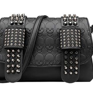 RainboSee Women Punk Skull Shoulder Top-Handle Bag Rivet Purse Handbag Chain Satchel Tote Black