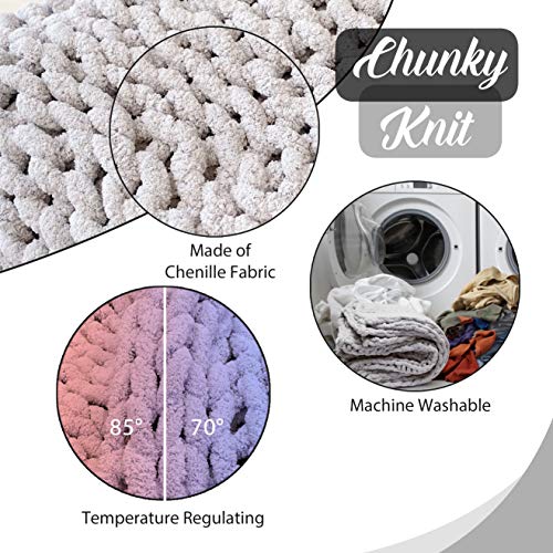 Chunky Knit Blanket Ultra Plush Throw Blanket for Couch or Bedroom Decor 60x80 - Bulky, Lightweight & Large Size, Grey Soft Blanket Breathable & Moisture Wicking (Grey Chenille-Extra Large Blanket)