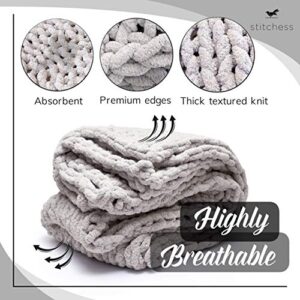 Chunky Knit Blanket Ultra Plush Throw Blanket for Couch or Bedroom Decor 60x80 - Bulky, Lightweight & Large Size, Grey Soft Blanket Breathable & Moisture Wicking (Grey Chenille-Extra Large Blanket)