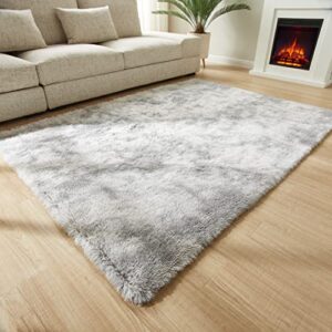 gkluckin shag ultra soft area rug, non-skid fluffy 5’x8′ tie-dyed light grey fuzzy indoor faux fur rugs for living room bedroom nursery decor furry carpet kids playroom