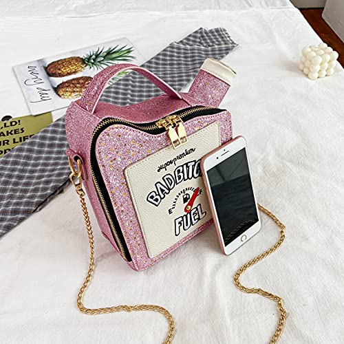 KUANG! Women Fashion Sequin Crossbody Bag Girl's Fun Gasoline Handbag Shoulder Bag for Women Messenger tote Bags (Pink)