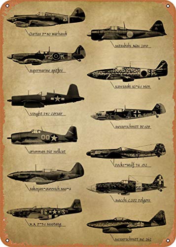 CharcasUS WWII Fighter Planes Metal Tin Sign Wall Decor Man Cave Military Fan Gift Home Bar Pub Decorative Military Posters 12x8 Inch