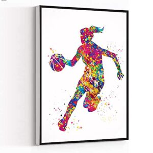 canvas wall art for bedroom home,modern canvas,basketball player girl watercolor print female woman mom basketball player gift sport wall art sports basketball decor wall hanging,8”x12” framed