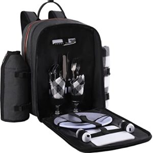 allcamp outdoor gear picnic backpack for 2 person set w/detachable bottle/wine holder, fleece blanket, plates and cutlery set (black)