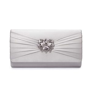 mulian lily m102 silver evening bags for women pleated satin rhinestone brooch prom clutch purse with detachable chain strap silver