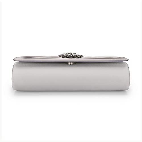 Mulian LilY M102 Silver Evening Bags For Women Pleated Satin Rhinestone Brooch Prom Clutch Purse With Detachable Chain Strap Silver