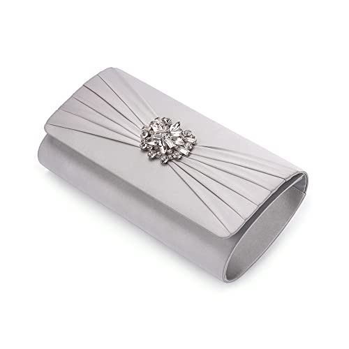 Mulian LilY M102 Silver Evening Bags For Women Pleated Satin Rhinestone Brooch Prom Clutch Purse With Detachable Chain Strap Silver