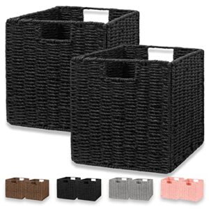 vagusicc storage basket, set of 2 hand-woven paper rope wicker baskets, foldable storage bins, large wicker storage square baskets for shelves organizing & decor, black (11″×11″×11″)