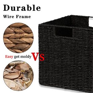 Vagusicc Storage Basket, Set of 2 Hand-Woven Paper Rope Wicker Baskets, Foldable Storage Bins, Large Wicker Storage Square Baskets for Shelves Organizing & Decor, Black (11″×11″×11″)