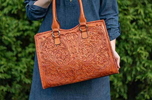 Mauzari Carlotta Women's Extra Large Tooled Leather Tote (Chestnut)