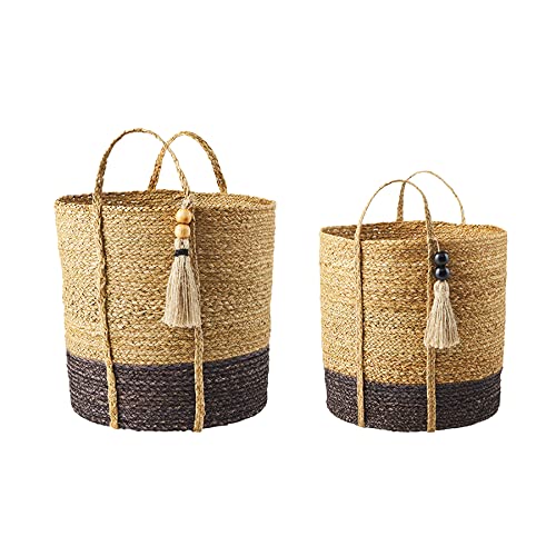 Mud Pie Seagrass Black Basket Set, Brown, 16" x 16" dia