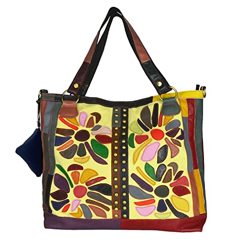 Sibalasi Women’s Trendy Canvas Tote Bags Multicolor Genuine Leather shoulder bag Colorful Handbag Unique Designer Purse with Coin Purse 2pcs/set