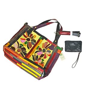 Sibalasi Women’s Trendy Canvas Tote Bags Multicolor Genuine Leather shoulder bag Colorful Handbag Unique Designer Purse with Coin Purse 2pcs/set