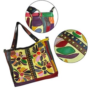 Sibalasi Women’s Trendy Canvas Tote Bags Multicolor Genuine Leather shoulder bag Colorful Handbag Unique Designer Purse with Coin Purse 2pcs/set