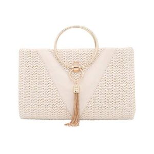 straw handbag evening bag clutch purses for women,elegant summer beach tote tassels straw top handle clutch with chain (white)