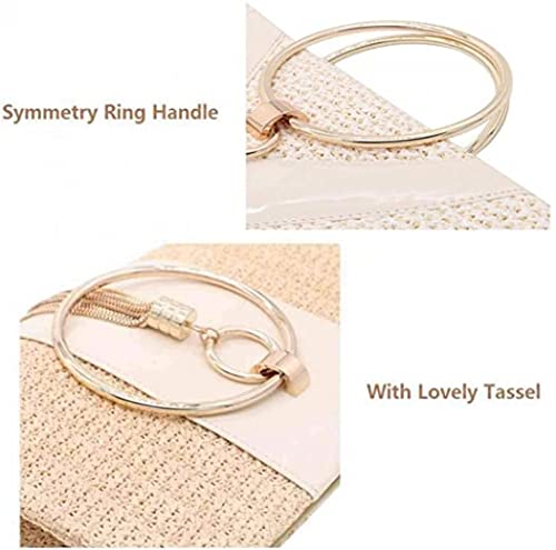 Straw Handbag Evening Bag Clutch Purses for Women,Elegant Summer Beach Tote Tassels Straw Top Handle Clutch with Chain (White)