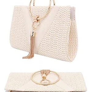 Straw Handbag Evening Bag Clutch Purses for Women,Elegant Summer Beach Tote Tassels Straw Top Handle Clutch with Chain (White)