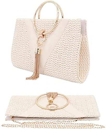 Straw Handbag Evening Bag Clutch Purses for Women,Elegant Summer Beach Tote Tassels Straw Top Handle Clutch with Chain (White)