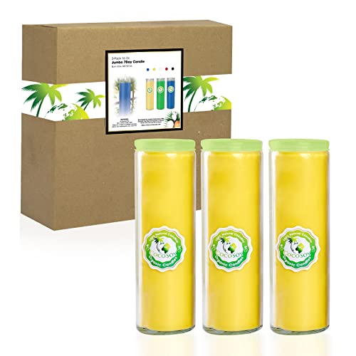 CocoSoy Jumbo Glass Organic Candles, 9-Day Devotional Prayer Sanctuary Candles. Great for Religious, Memorial, Vigils, Prayers, Blessing. Botanical Coconut Soy Wax, Set 3 Yellow Candles