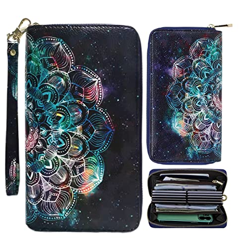 ENYISDAN Women's Large Capacity Leather RFID Wallet,Put Card Holder Phone,Sunflower Zip Purse Clutch for Travel Work (Nebula)