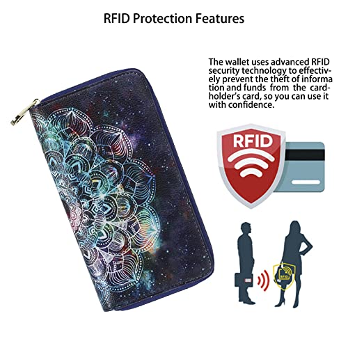 ENYISDAN Women's Large Capacity Leather RFID Wallet,Put Card Holder Phone,Sunflower Zip Purse Clutch for Travel Work (Nebula)