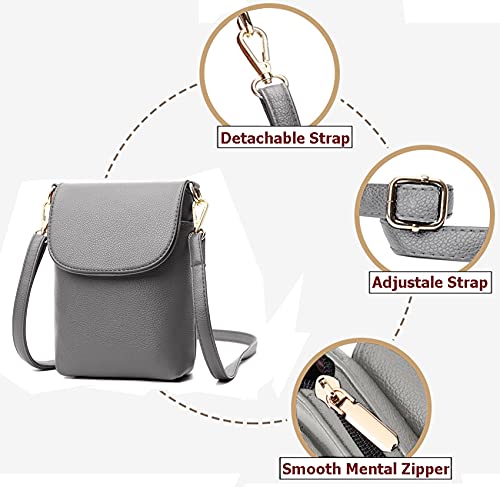 VINMEN Crossbody Bag, Leather shoulder phone bag for Women and Girls, Wallet Handbags with Long and Short Straps (Grey)