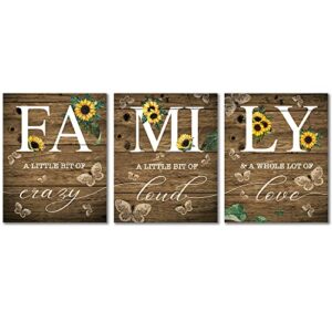 suuura-oo family sunflower butterfly poster wall decor, inspirational family a little bit of crazy loud love rustic wood sign wall art for living room set of 3 (8”x10“) prints poster for home office wedding kitchen unframed