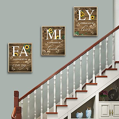 SUUURA-OO Family Sunflower Butterfly Poster Wall Decor, Inspirational Family a Little Bit of Crazy Loud Love Rustic Wood Sign Wall Art for Living Room Set of 3 (8”x10“) Prints Poster for Home Office Wedding Kitchen Unframed