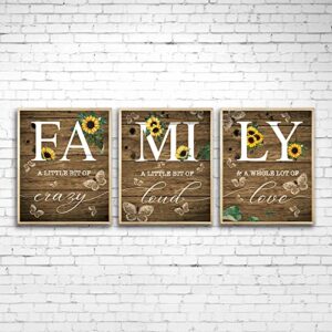 SUUURA-OO Family Sunflower Butterfly Poster Wall Decor, Inspirational Family a Little Bit of Crazy Loud Love Rustic Wood Sign Wall Art for Living Room Set of 3 (8”x10“) Prints Poster for Home Office Wedding Kitchen Unframed