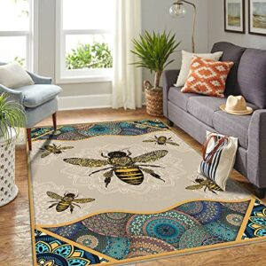 Area Rug-Mandala Bee Rug PSL70R, 4x6 ft. Fluffy Carpets for Bedroom Shaggy Floor Modern Rug Home Decor Mats