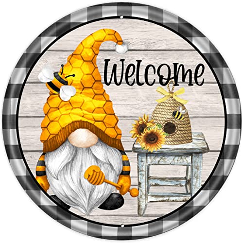 RIFOSA Round Metal Tin Sign Welcome Sign Bee Gnome Sign Summer Sign Bee Hive Sign Tin Sign Art Metal Wall Plaque Decor Outdoor Indoor Wall Panel Retro Vintage Mural 12x12 Inch