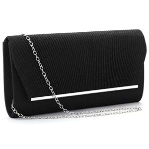 aijun women glitter clutch purses pleated evening bags flap envelope handbags wedding party prom purse with detachable chain (black)