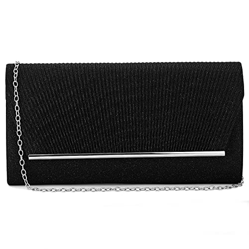 AIJUN Women Glitter Clutch Purses Pleated Evening Bags Flap Envelope Handbags Wedding Party Prom Purse with Detachable Chain (Black)