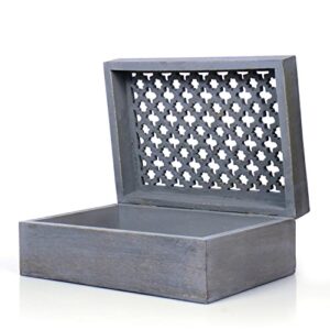 mela artisans decorative storage box with hinged lid – distressed dove grey, xl | 10.5” x 7.5” x 4” | rustic trellis design | mango wood crafted | ideal for keepsakes, trinkets, jewelry & other stash