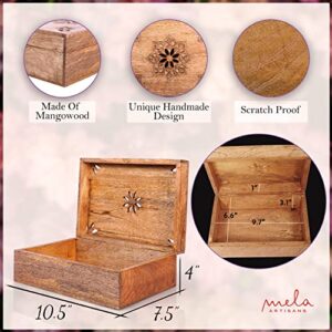 Mela Artisans Decorative Storage Box with Hinged Lid - Light Burnt, XL | 10.5” x 7.5” x 4” | Rustic Serena Style | Crafted from Mango Wood | Ideal for Keepsakes, Trinkets, Jewelry and Other Stash