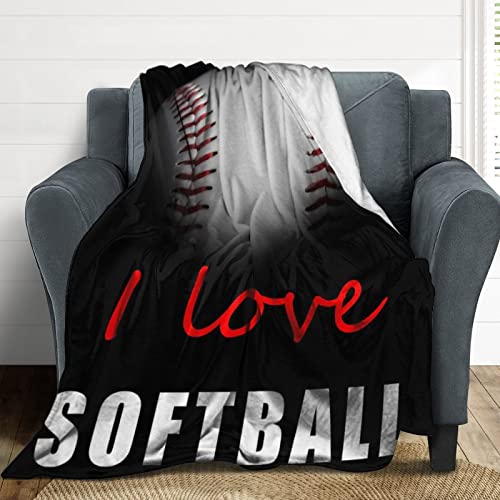 Vbadag Super Soft Throw Blanket for Couch Sofa or Bed Throw Size, Travel Fuzzy Plush Blanket, Funny Flannel Lap Blanket, Cozy Comfy for All Seasons (I Love Softball, 50"x60")