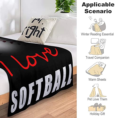 Vbadag Super Soft Throw Blanket for Couch Sofa or Bed Throw Size, Travel Fuzzy Plush Blanket, Funny Flannel Lap Blanket, Cozy Comfy for All Seasons (I Love Softball, 50"x60")