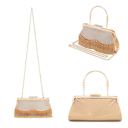 Ayliss Women Evening Clutch Purse Bag Crossbody Shoulder Handbags Top Handle Party Prom Wedding Crystal Rhinestone Tassel (Small, Golden)