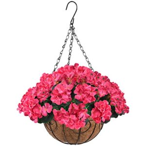 zfprocess artificial flowers hanging basket with begonia silk flowers for outdoor/indoor, artificial plants in coco coir liner basket artificial geranium flowers for patio lawn garden decor(rose red)