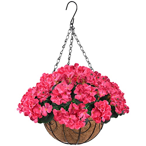 ZFProcess Artificial Flowers Hanging Basket with Begonia Silk Flowers for Outdoor/Indoor, Artificial Plants in Coco Coir Liner Basket Artificial Geranium Flowers for Patio Lawn Garden Decor(Rose Red)