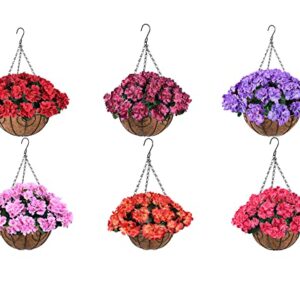 ZFProcess Artificial Flowers Hanging Basket with Begonia Silk Flowers for Outdoor/Indoor, Artificial Plants in Coco Coir Liner Basket Artificial Geranium Flowers for Patio Lawn Garden Decor(Rose Red)