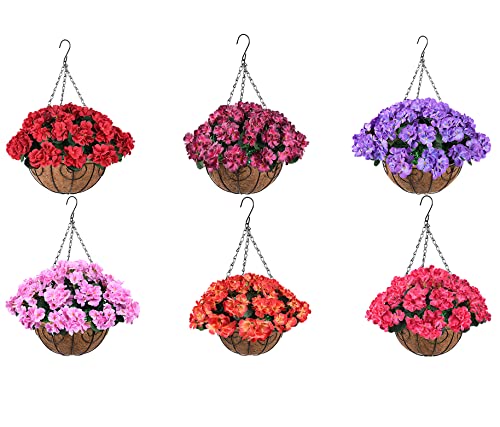 ZFProcess Artificial Flowers Hanging Basket with Begonia Silk Flowers for Outdoor/Indoor, Artificial Plants in Coco Coir Liner Basket Artificial Geranium Flowers for Patio Lawn Garden Decor(Rose Red)