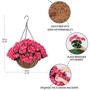 ZFProcess Artificial Flowers Hanging Basket with Begonia Silk Flowers for Outdoor/Indoor, Artificial Plants in Coco Coir Liner Basket Artificial Geranium Flowers for Patio Lawn Garden Decor(Rose Red)