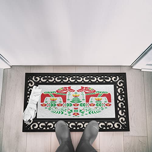 Ambesonne Polish Folk Doormat, Floral Ornament with Dala Horse Symmetric Design, Rectangle Entryway Welcome Mat for Front & Backard 2 Pieces, 17.3" x 29.3", Vermilion Earth Yellow