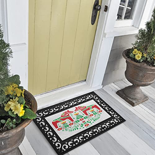 Ambesonne Polish Folk Doormat, Floral Ornament with Dala Horse Symmetric Design, Rectangle Entryway Welcome Mat for Front & Backard 2 Pieces, 17.3" x 29.3", Vermilion Earth Yellow