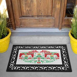 Ambesonne Polish Folk Doormat, Floral Ornament with Dala Horse Symmetric Design, Rectangle Entryway Welcome Mat for Front & Backard 2 Pieces, 17.3" x 29.3", Vermilion Earth Yellow