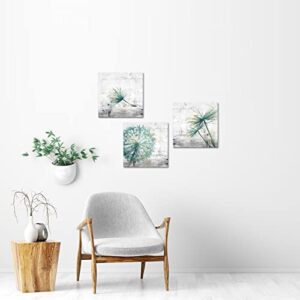 3 Piece Framed Canvas Wall Art Teal Dandelion on Rustic Grey Background Canvas Prints Home Artwork Decoration for Living Room Bedroom Farmhouse Decor 12x12x3 Panels (Small)